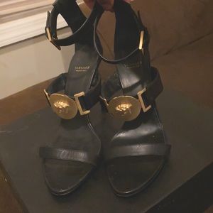 Versace Sandal Heels; Black w/ Golden Medusa Head Medallions; Size 9.5 US